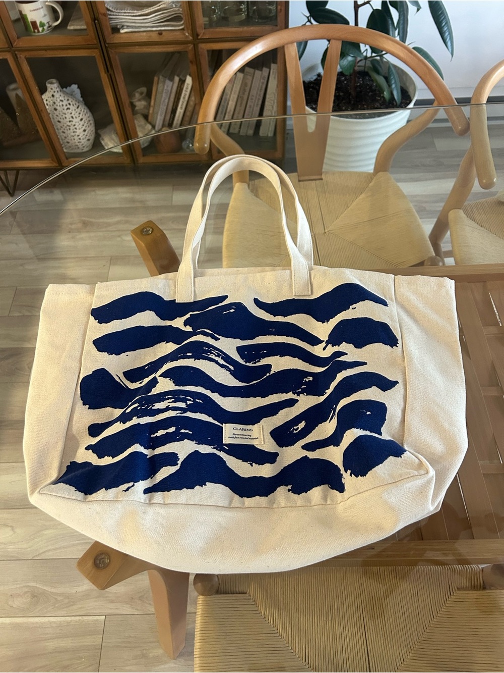 Clarins Cotton Tote Bag with Blue Wave Print